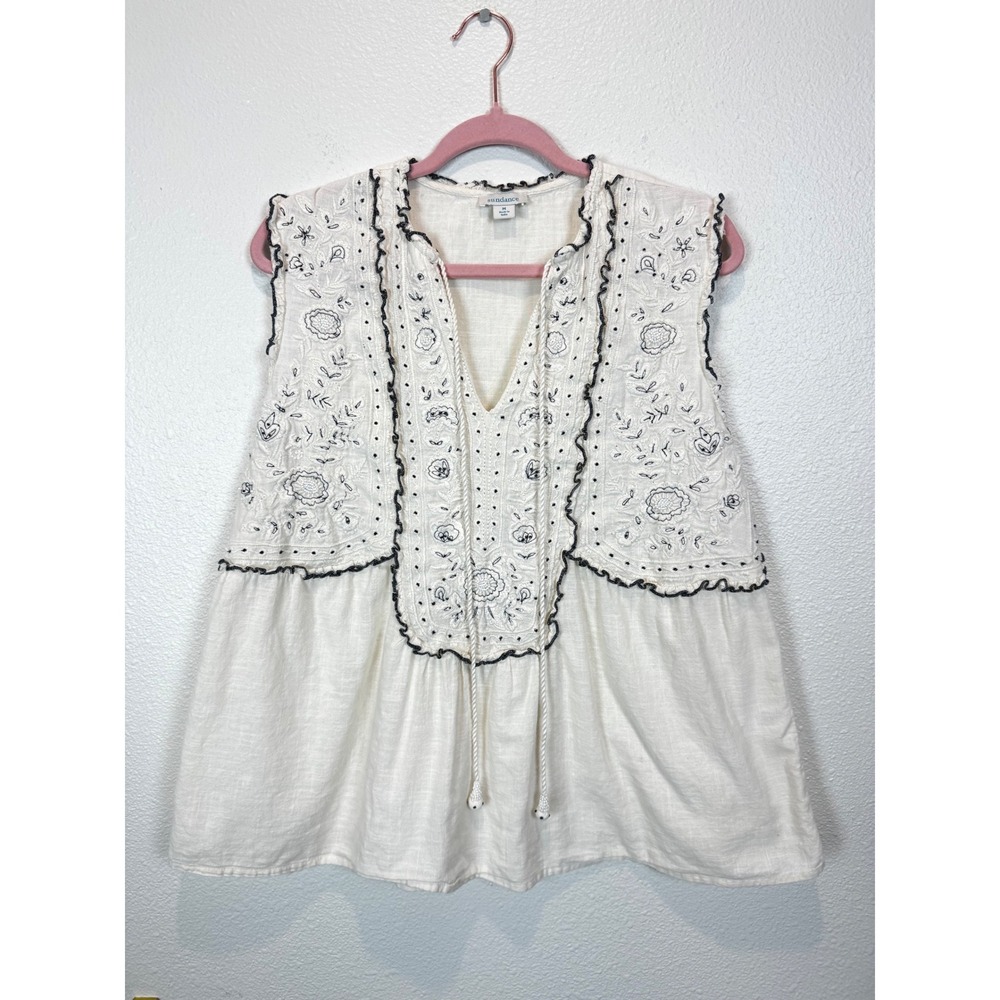 Sundance Embroidered Top Women Medium White Peplum Sleeveless V-Neck Boho Cotton